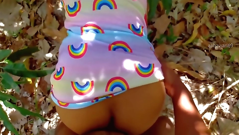 Outdoor sex with a brunette in the tropical jungle scene