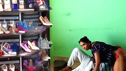 Indian sluts in a slipper shop get fucked in the shop