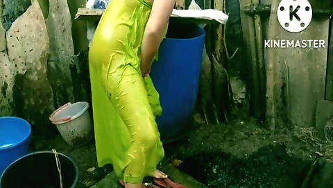 Mullu aunt in a red suit and a bathing bath outdoor solo