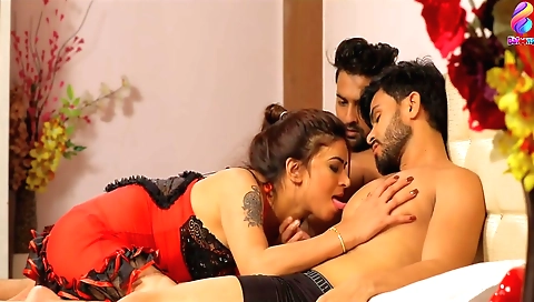 Horny brunette gets fucked in a hot threesome on a desk