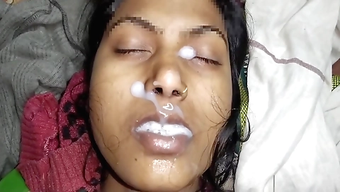 Busty brunette is eating cum on her ass after it's all over