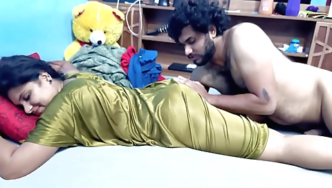 Indian babe fucked on her husband and lover in the kitchen