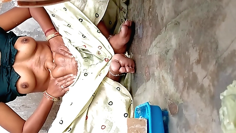 Indian girl in red bikini gets caught in the village